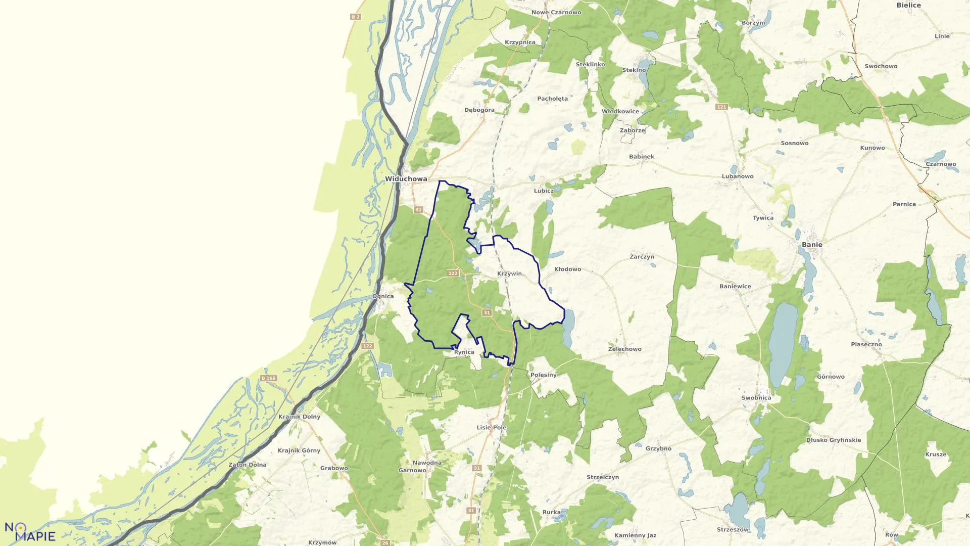 Mapa obrębu Krzywin w gminie Widuchowa